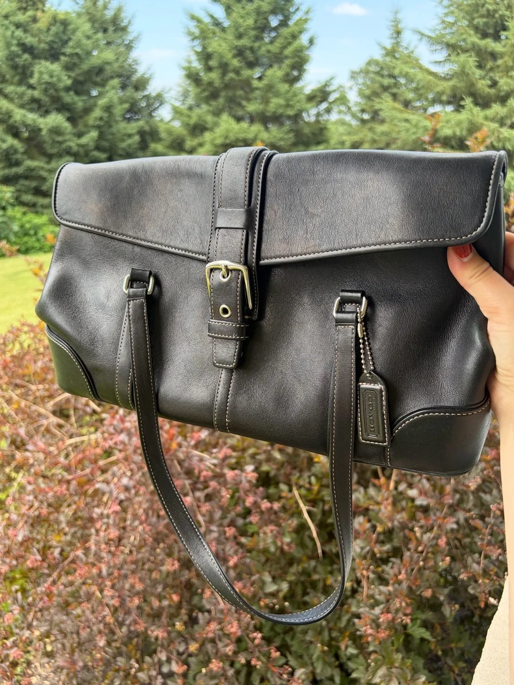 Coach black leather Hamptons flap satchel shoulder bag purse model 9267 silver